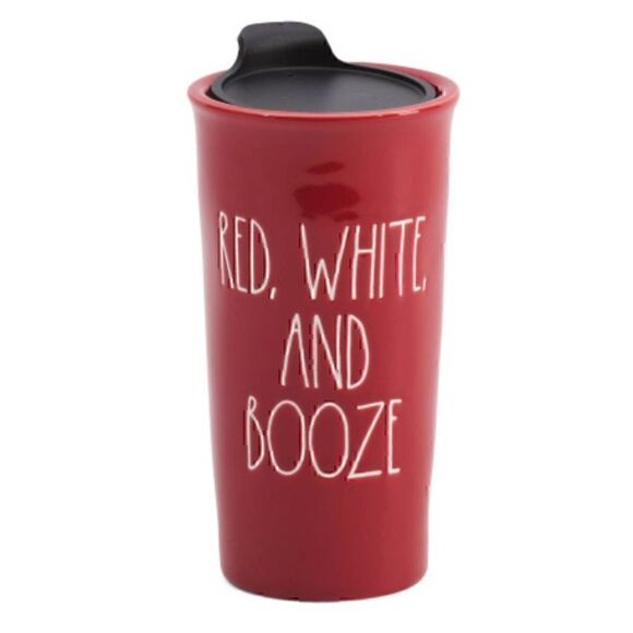 Rae Dunn 'Red White and Booze' Booze Tumbler Ceramic Travel Mug - Picture 1 of 7